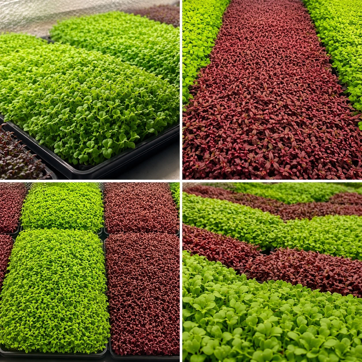 Assorted trays of green and red microgreens